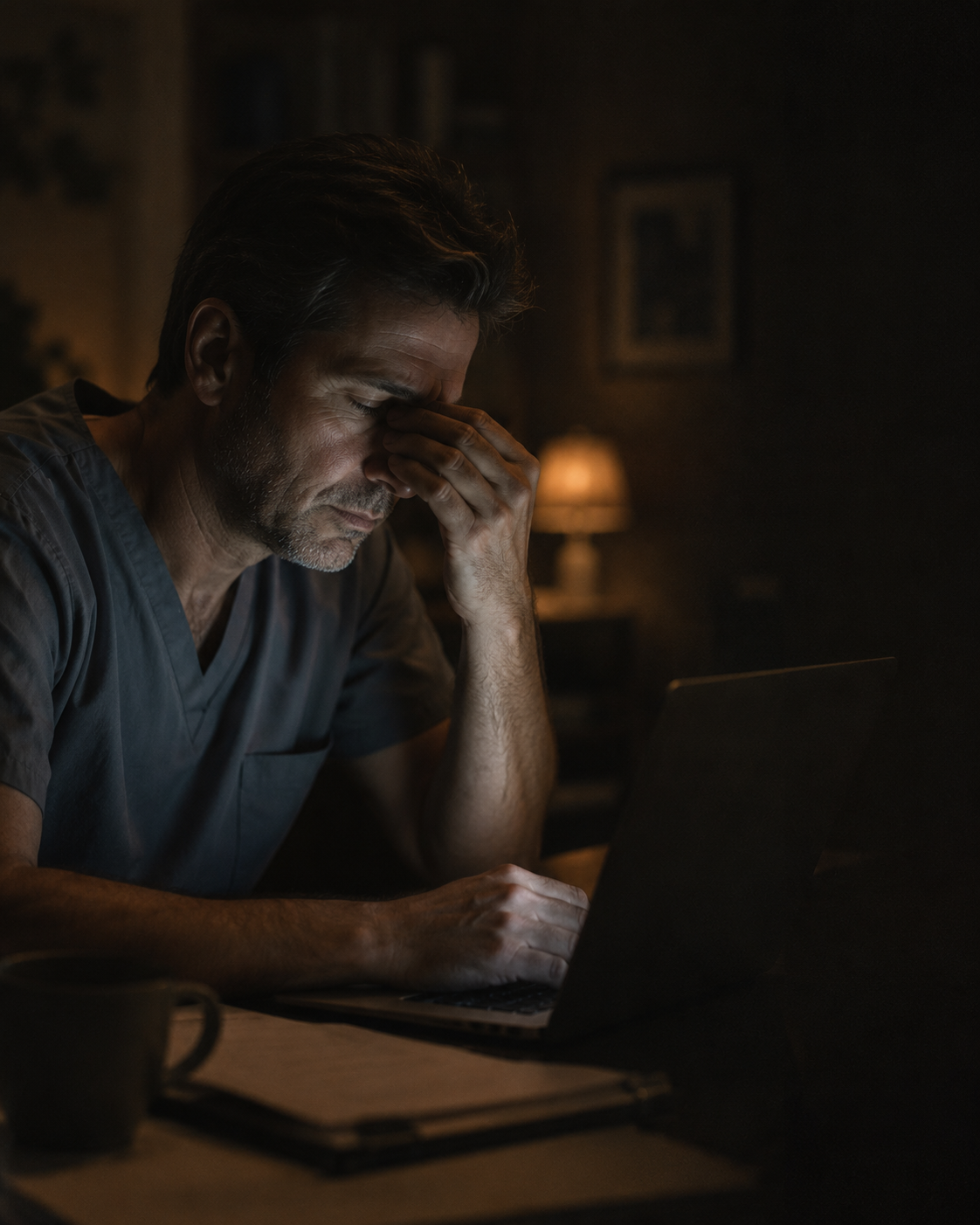 A tired clinician charting late at night, lit by a laptop screen