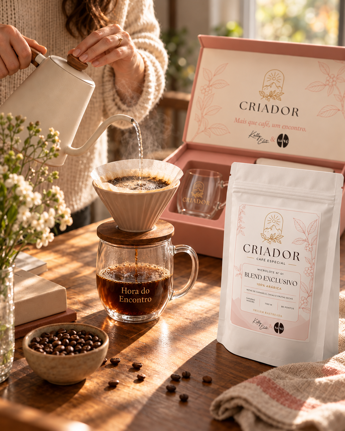 Kit Criador numa mesa com o café sendo preparado